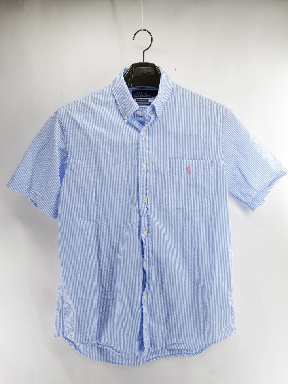 Polo Ralph Lauren Men's Med Blue Striped Seersucker Short Sleeve RL Untucked
